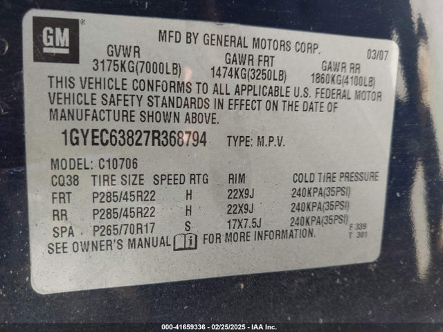 2007 CADILLAC ESCALADE 1GYEC63827R368794 Photo 8