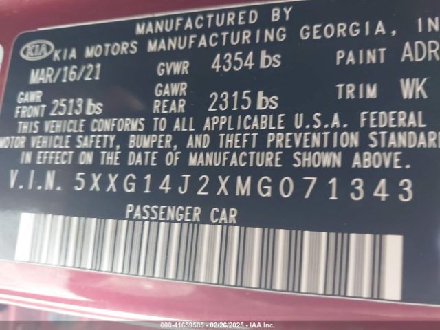 5XXG14J2XMG071343 KIA K5 LXS