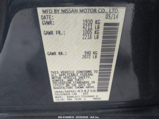 41659619 :رقم المزاد ، 1N4AL3APXEC424256 vin ، 2014 Nissan Altima 2.5 S مزاد بيع