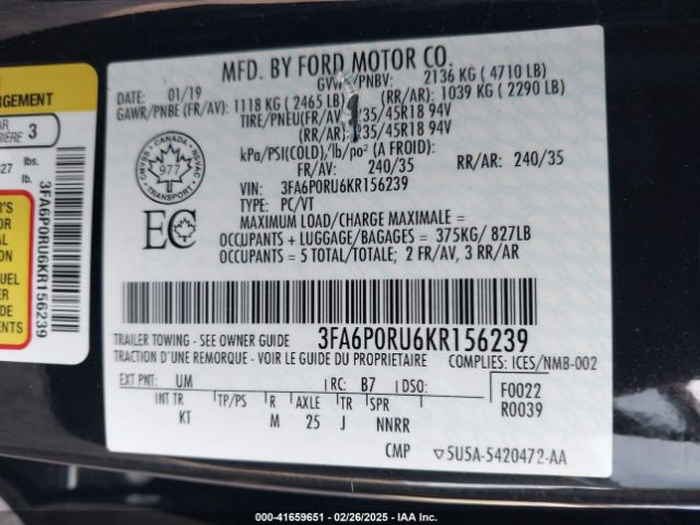 3FA6P0RU6KR156239 Ford Fusion Hybrid Titanium