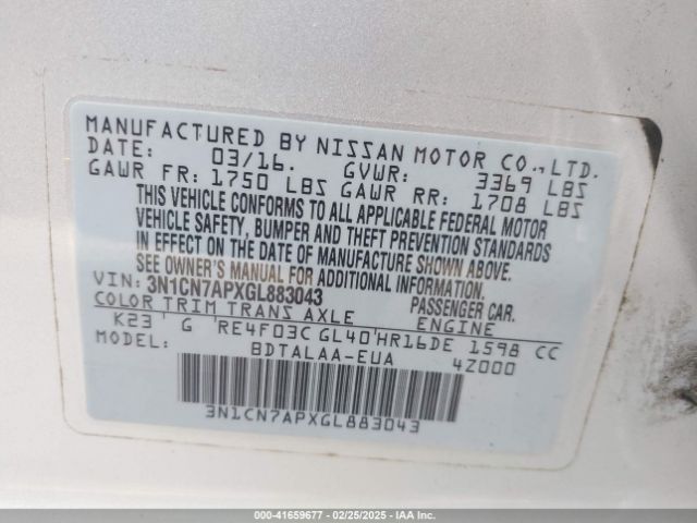 3N1CN7APXGL883043 Nissan Versa 1.6 S