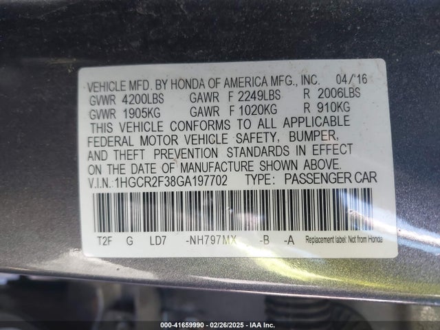 1HGCR2F38GA197702 Honda ACCORD LX