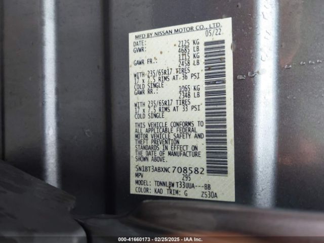 5N1BT3ABXNC708582 Nissan Rogue S Intelligent Awd