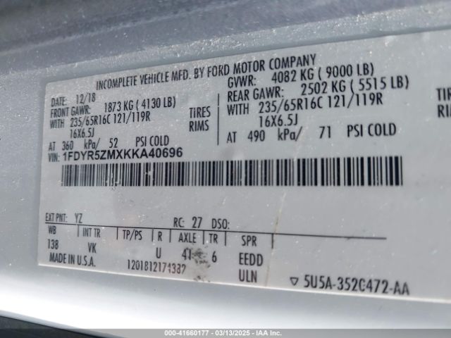 1FDYR5ZMXKKA40696 Ford Transit-250 Cab