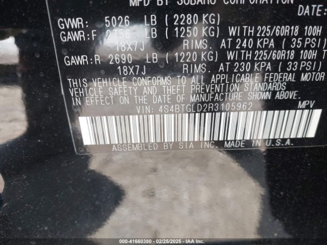 4S4BTGLD2R3105962 Subaru Outback Onyx Edition Xt