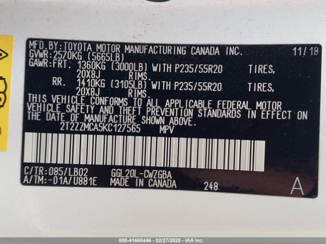 2T2ZZMCA5KC127565 Lexus RX 350