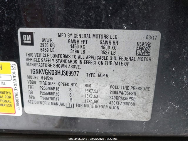 Chevrolet Traverse 1lt 2017 1GNKVGKD3HJ309977 Image 9