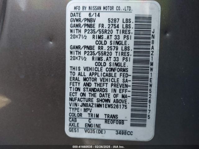 JN8AZ1MW1EW526175 Nissan Murano Le