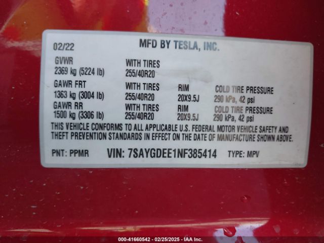 7SAYGDEE1NF385414 Tesla Model Y Long Range Dual Motor All-wheel Drive