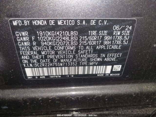 3CZRZ2H75SM713352 Honda Hr-v Awd Ex-l