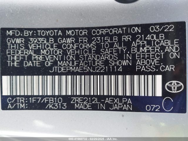 JTDEPMAE5NJ221114 Toyota COROLLA LE