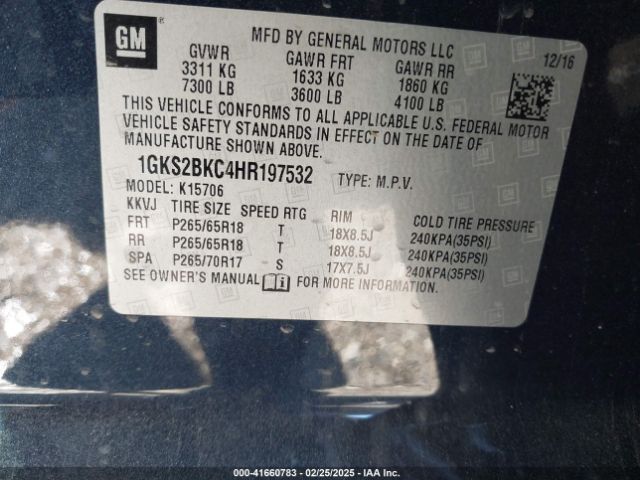 1GKS2BKC4HR197532 GMC YUKON SLT