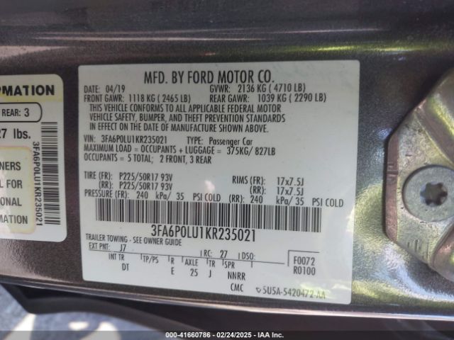 3FA6P0LU1KR235021 Ford Fusion Hybrid Se