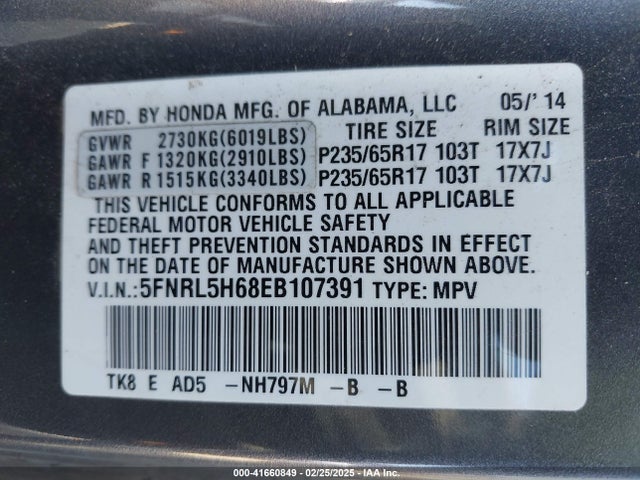 Honda Odyssey Ex-l 2014 5FNRL5H68EB107391 Image 9