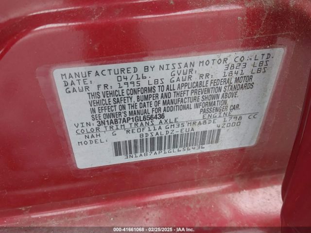 3N1AB7AP1GL656436 Nissan Sentra Fe+ S/s/sl/sr/sv