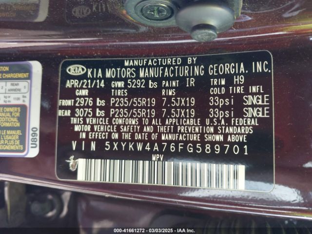 5XYKW4A76FG589701 KIA Sorento Sx V6