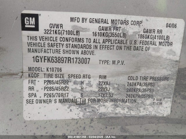 2007 CADILLAC ESCALADE 1GYFK63897R173007 Photo 8