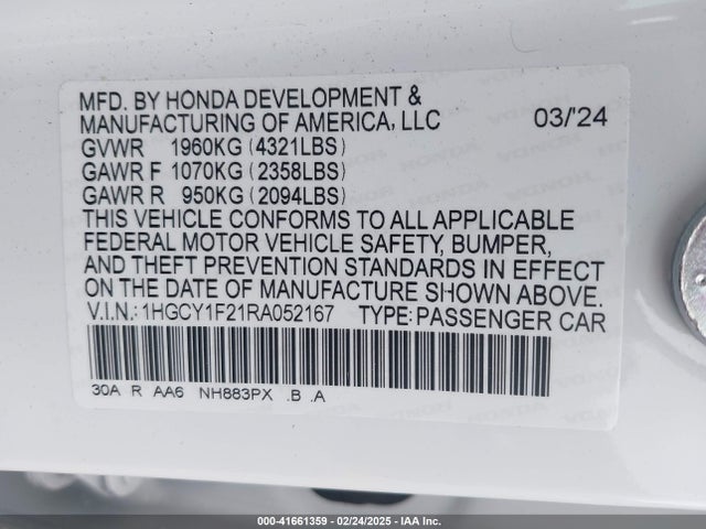 1HGCY1F21RA052167 Honda ACCORD LX