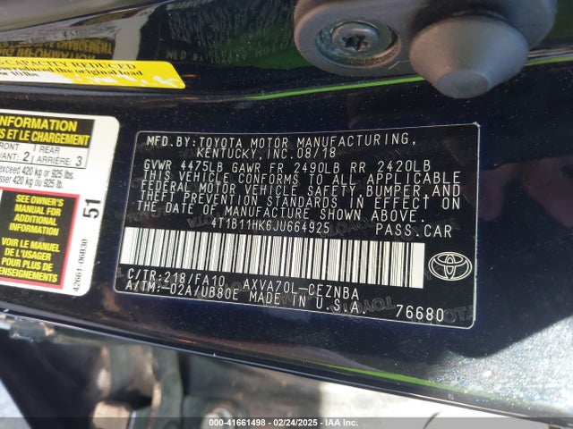 4T1B11HK6JU664925 Toyota CAMRY LE
