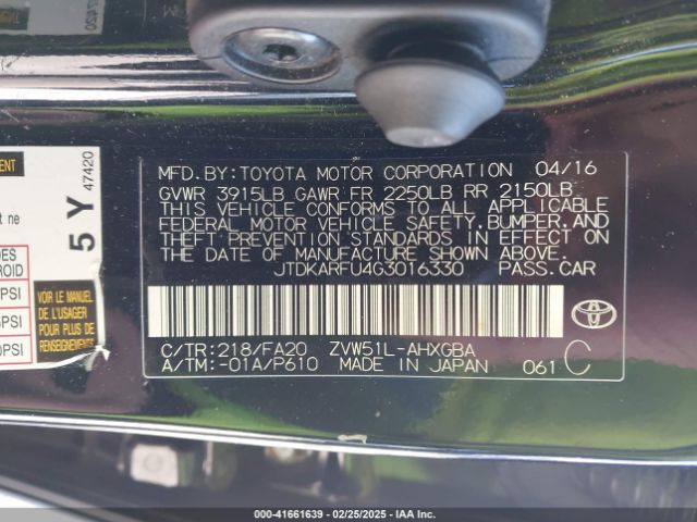 JTDKARFU4G3016330 Toyota Prius Three