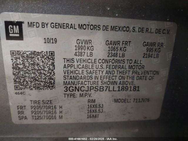 3GNCJPSB7LL189181 Chevrolet Trax Awd Lt