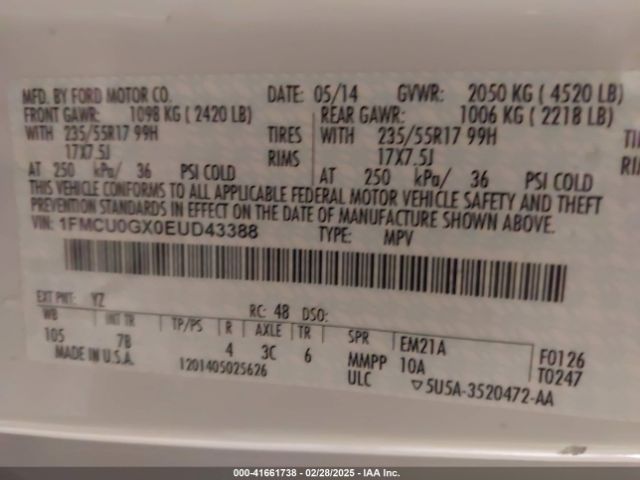 1FMCU0GX0EUD43388 Ford ESCAPE SE