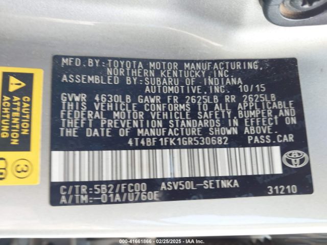 4T4BF1FK1GR530682 Toyota CAMRY LE