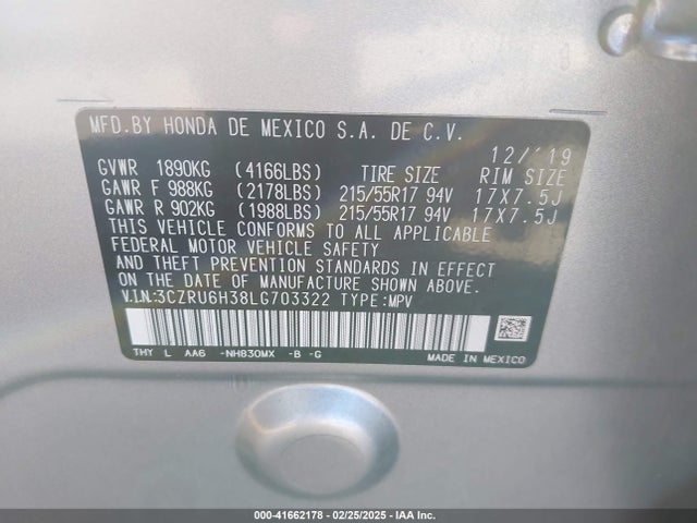 3CZRU6H38LG703322 Honda Hr-v Awd Lx