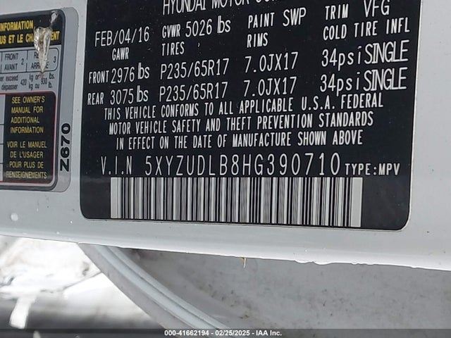 5XYZUDLB8HG390710 Hyundai Santa Fe Sport 2.4l