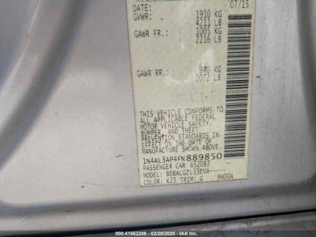 1N4AL3AP4FN889850 Nissan Altima 2.5/2.5 S/2.5 Sl/2.5 Sv