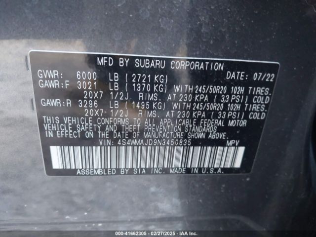 4S4WMAJD9N3450835 Subaru Ascent Onyx Edition