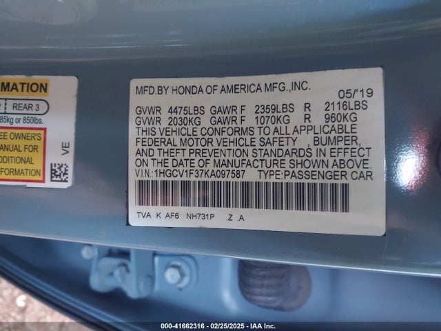 1HGCV1F37KA097587 Honda Accord Sport