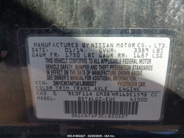 3N1CN7AP3EL850527 Nissan Versa 1.6 Sl