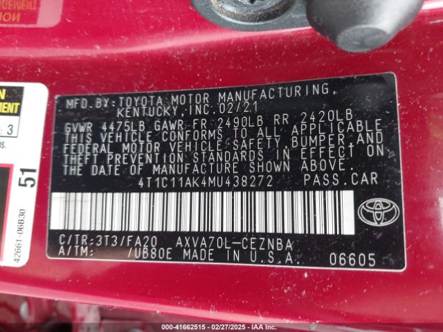 4T1C11AK4MU438272 Toyota CAMRY LE