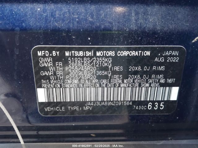 JA4J3UA89NZ091564 Mitsubishi Outlander Black Edition 2wd/se 2.5 2wd/se Launch Edition 2wd