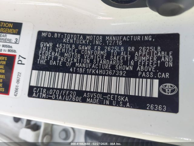 4T1BF1FK4HU367392 Toyota CAMRY SE