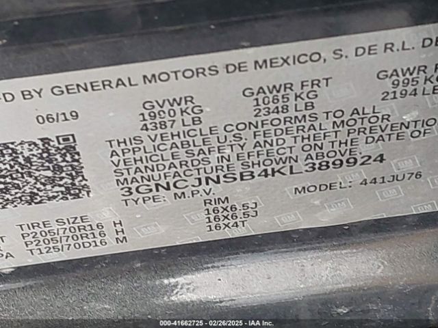 3GNCJNSB4KL389924 Chevrolet TRAX LS