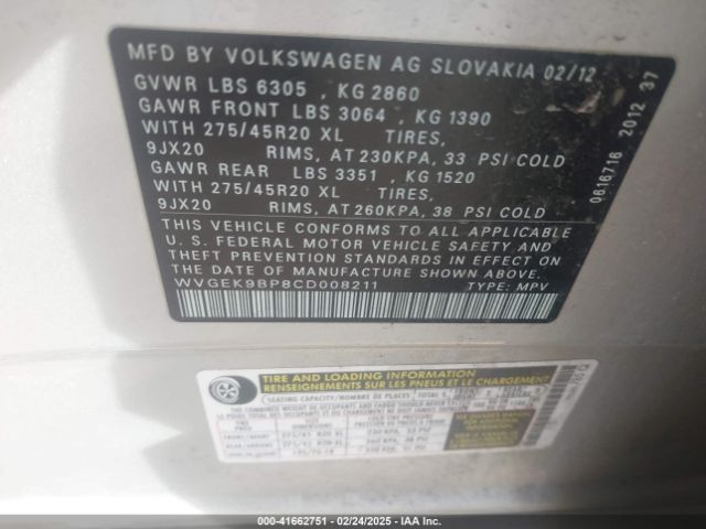 2012 VOLKSWAGEN TOUAREG WVGEK9BP8CD008211 Photo 8