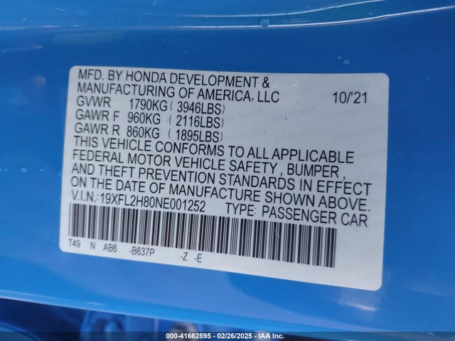 19XFL2H80NE001252 Honda Civic Sport
