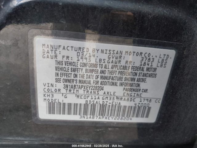 3N1AB7APXEY228204 Nissan Sentra Fe+ S/fe+ Sv/s/sl/sr/sv