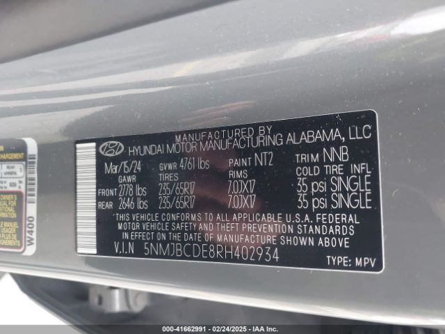 5NMJBCDE8RH402934 Hyundai gdi theta iii