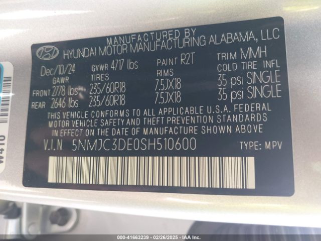 5NMJC3DE0SH510600 Hyundai Tucson Sel Convenience