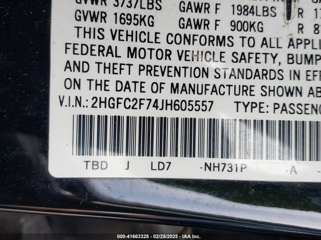 Honda CIVIC EX 2018 2HGFC2F74JH605557 Image 9