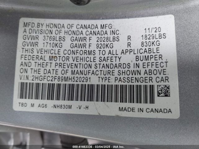2HGFC2F89MH520291 Honda Civic Sport