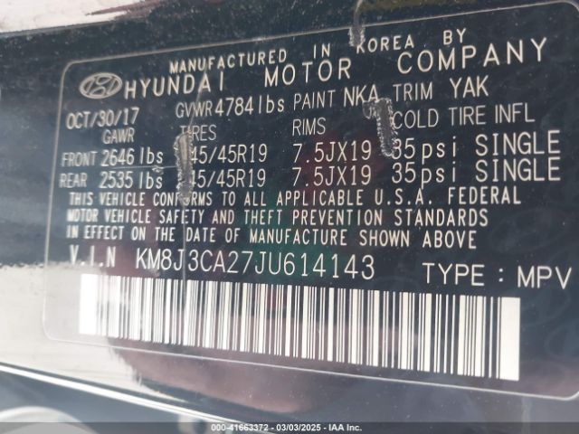 KM8J3CA27JU614143 Hyundai Tucson Limited