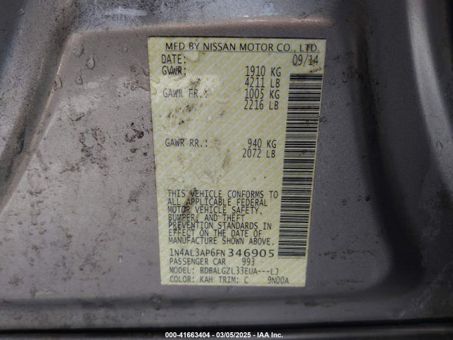 1N4AL3AP6FN346905 Nissan Altima 2.5 S