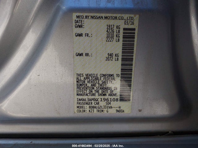 1N4AL3AP0GC196108 Nissan Altima 2.5 S