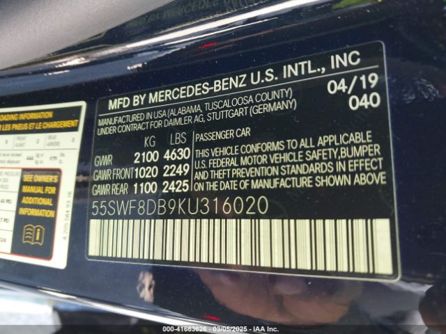 55SWF8DB9KU316020 Mercedes-Benz C 300