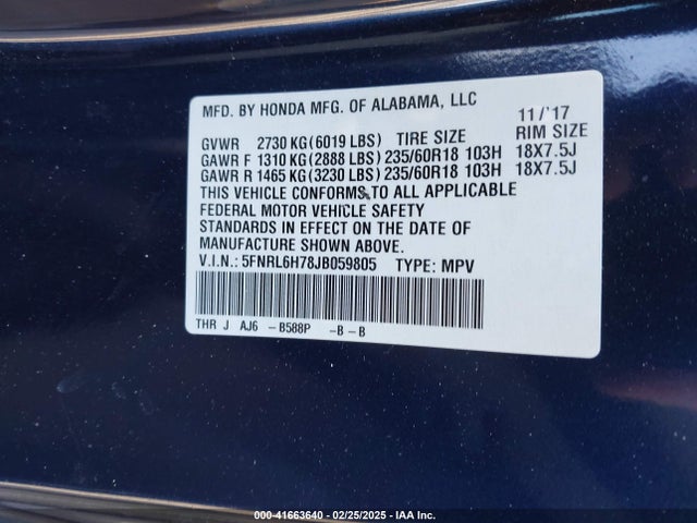 5FNRL6H78JB059805 Honda Odyssey Ex-l