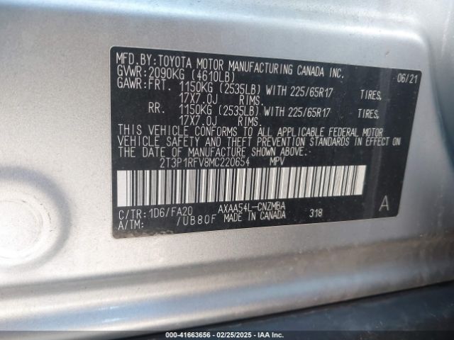 2T3P1RFV8MC220654 Toyota Rav4 Xle
